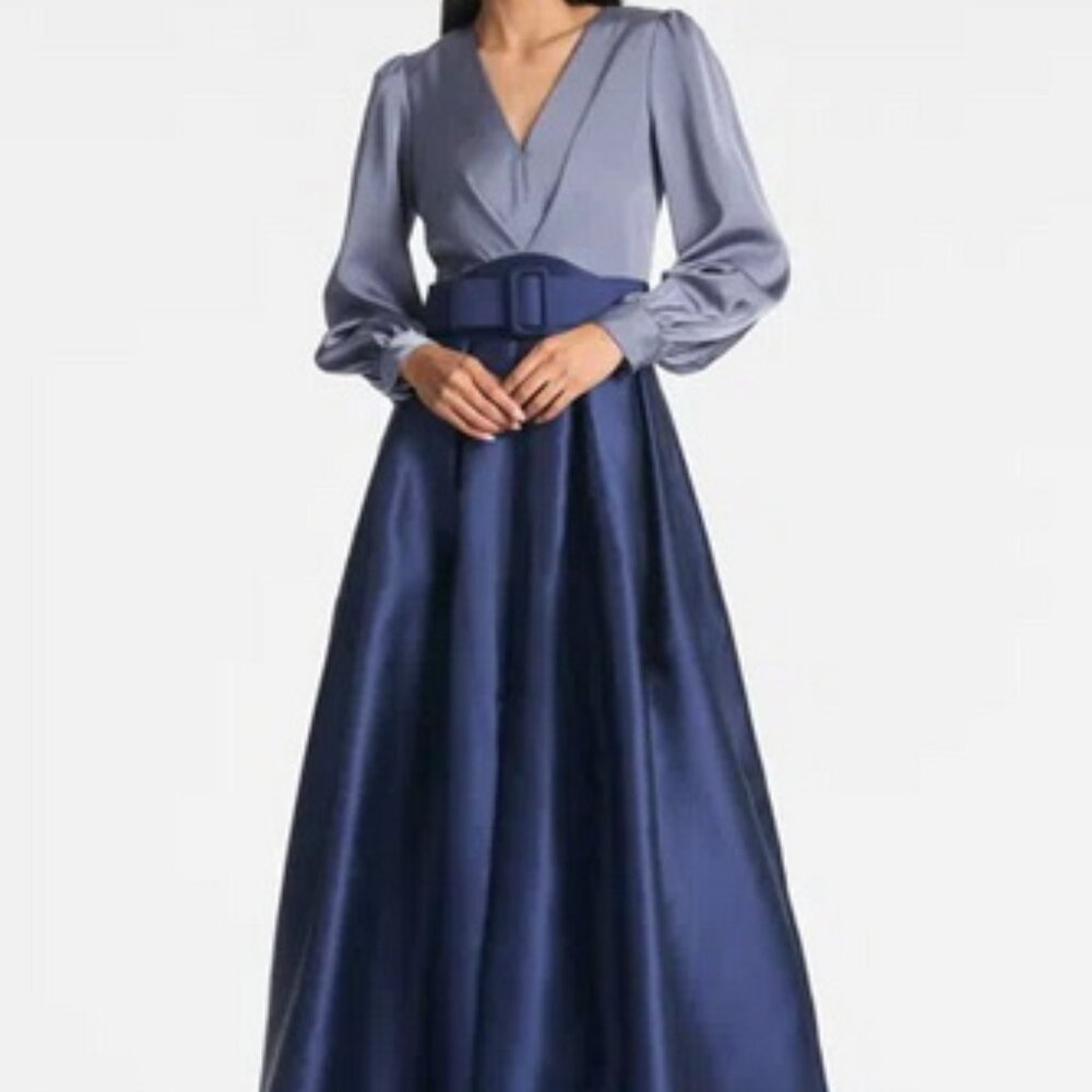 Sachin & Babi Grey Night Blue Zoe Long Sleeve Mikado Gown Less Belt